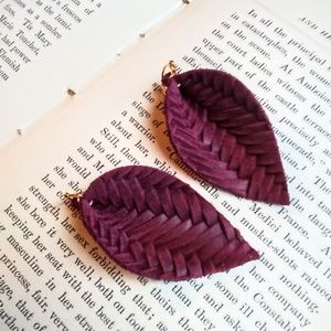 Woven leather earrings in cranberry red